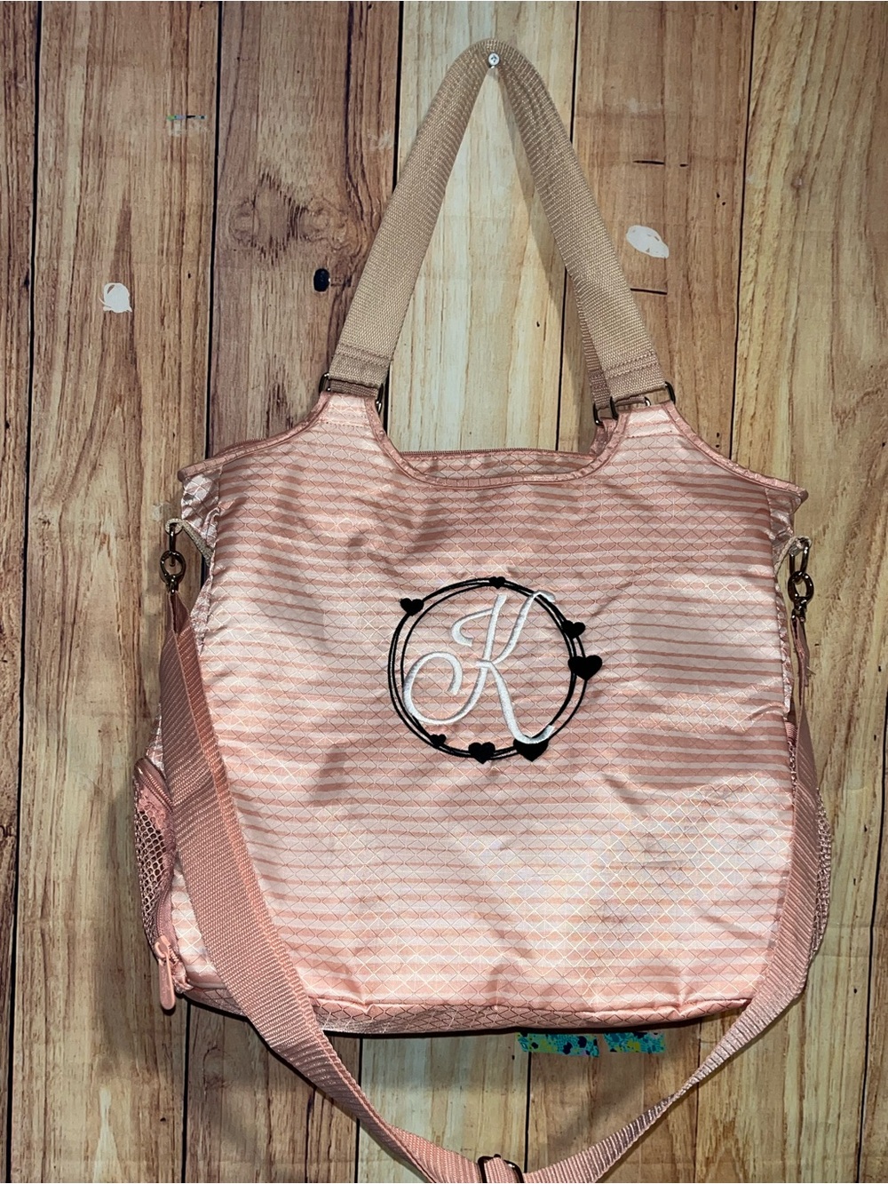 Thirty-one All Pro Tote Horizon stripe-peach Pink Gym Diaper Yoga Personalized
